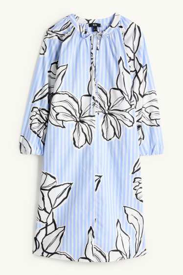 Femmes - Robe évasée - finition à rayures - à fleurs - bleu / blanc