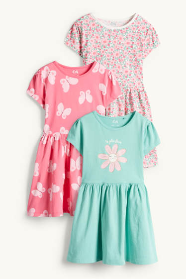 Kinder Mädchen - Multipack 3er - Blume und Schmetterling - Kleid - rosa / türkis