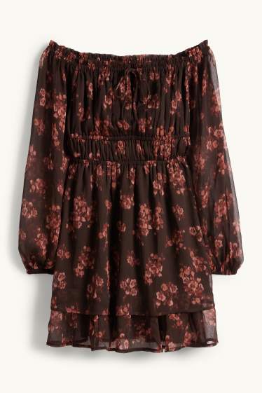 Damen - Empirekleid - geblümt - strukturiert - dunkelbraun