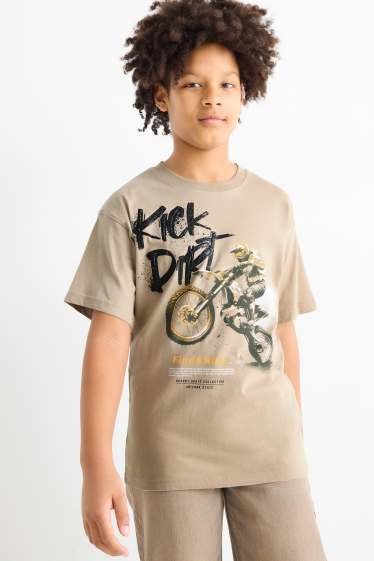 Děti - chlapci - Multipack 3 ks - motorka, štír a skater - tričko s krátkým rukávem - taupe