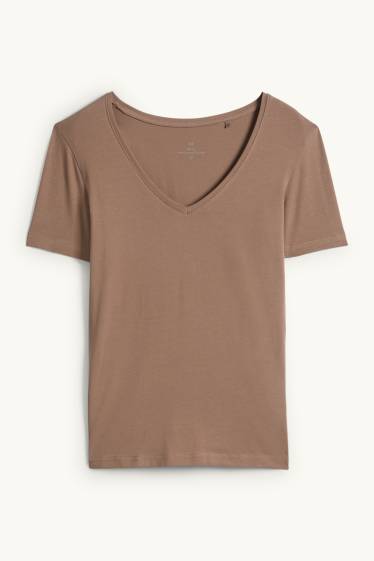 Women - V-neck T-shirt - slim fit - brown
