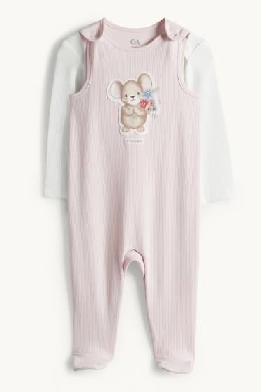 Baby Girls - Little mouse - romper set - ribbed - 2 piece - white / rose