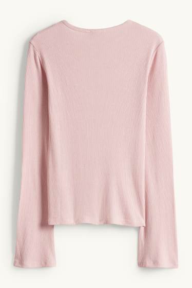 Dámské - Tričko s dlouhým rukávem - slim fit - žebrované - růžová