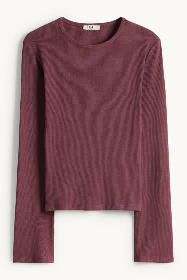 Women - Long sleeve top - slim fit - ribbed - bordeaux