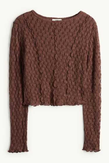 Dámské - Krátké tričko s dlouhým rukávem - slim fit - tmavohnědá