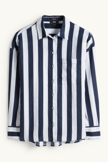 Mujer - Blusa camisera de lino - de rayas - azul oscuro / blanco