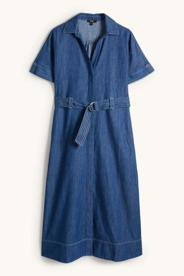 Dames - Denim blousejurk met ceintuur - donkerblauw