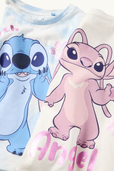Kinderen: meisjes - Set van 2 - Lilo & Stitch - T-shirt - glanseffect - roze / blauw