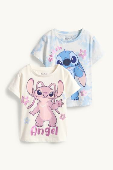 Kinderen: meisjes - Set van 2 - Lilo & Stitch - T-shirt - glanseffect - roze / blauw