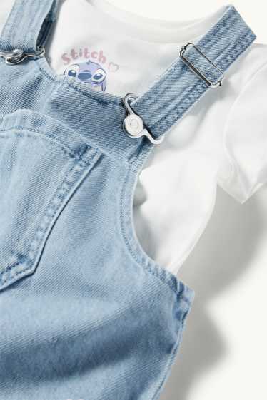 Bambine - Lilo & Stitch - set - maglia a maniche corte e salopette di jeans - bianco / azzurro