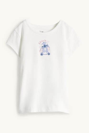 Bambine - Lilo & Stitch - set - maglia a maniche corte e salopette di jeans - bianco / azzurro