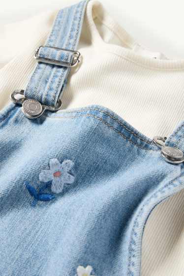 Děti - dívky - Květiny - souprava - tričko s krátkým rukávem a džínové šaty s laclem - 2dílná - modrá/krémová