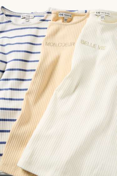 Enfants filles - Lot de 3 - T-shirts - finition côtelée - effet brillant - blanc crème