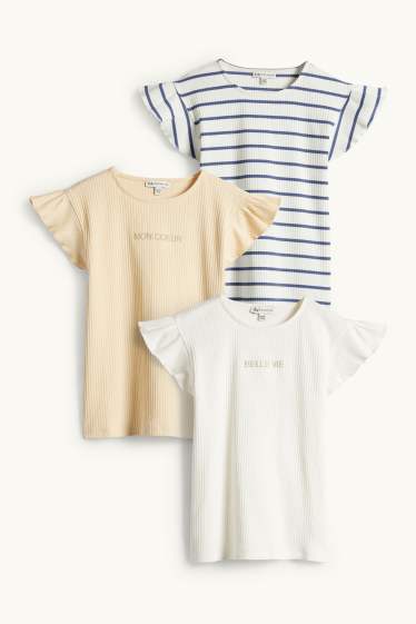 Enfants filles - Lot de 3 - T-shirts - finition côtelée - effet brillant - blanc crème