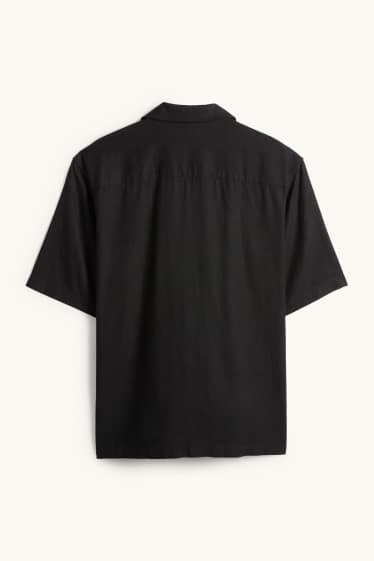 Pánské - Košile s lněným podílem - relaxed fit - klopový límec - černá
