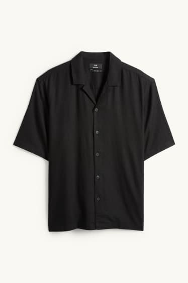 Pánské - Košile s lněným podílem - relaxed fit - klopový límec - černá