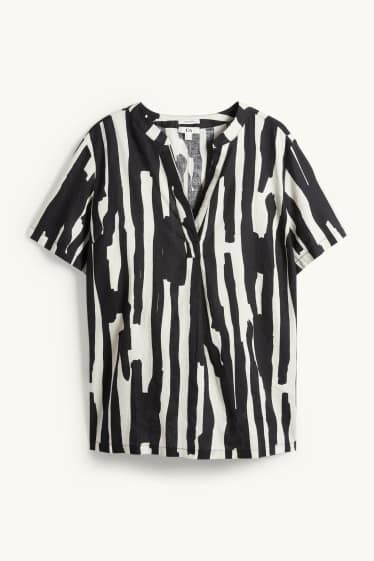 Femei - Bluză cu decolteu în V - amestec de in - cu model - negru / nej