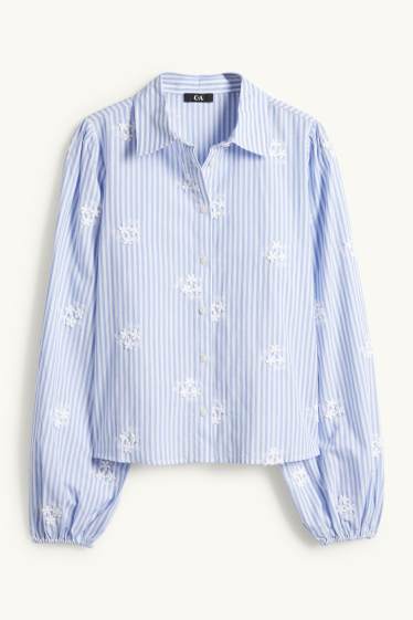 Femei - Bluză tip cămașă - cu dungi - cu flori - alb / albastru deschis