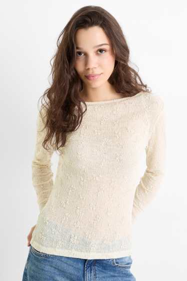 Femmes - Haut à manches longues - slim fit - finition côtelée - finition texturée - beige