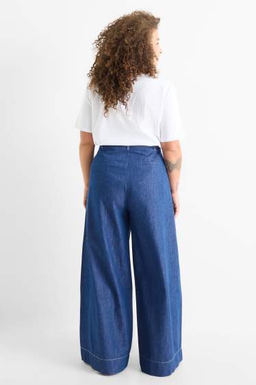 Femei - Pantaloni de stofă - talie înaltă - wide leg - aspect de jeans - denim-albastru