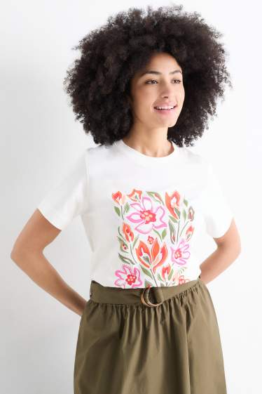 Femmes - T-shirt avec pierres de strass - regular fit - effet brillant - blanc crème