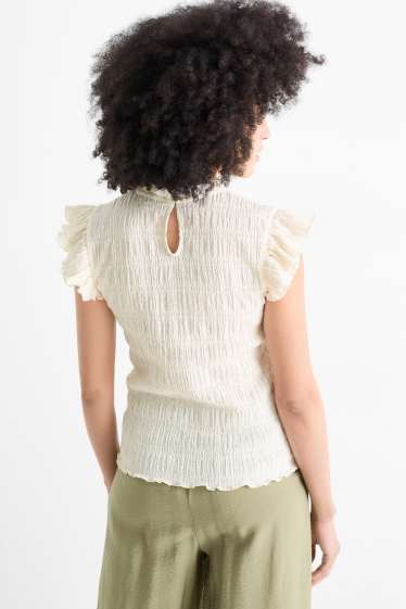 Femmes - T-shirt - regular fit - finition smockée - blanc crème