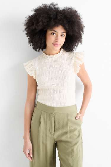 Femmes - T-shirt - regular fit - finition smockée - blanc crème