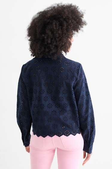 Damen - Bluse - Broderie Anglaise - dunkelblau