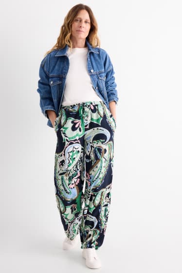 Donna - Pantaloni di stoffa - vita media - gamba ampia - fantasia - verde / blu scuro