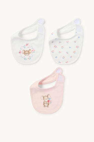 Bébés filles - Lot de 3 - petites fleurs et petite souris - bavoir pour bébé - blanc / rose
