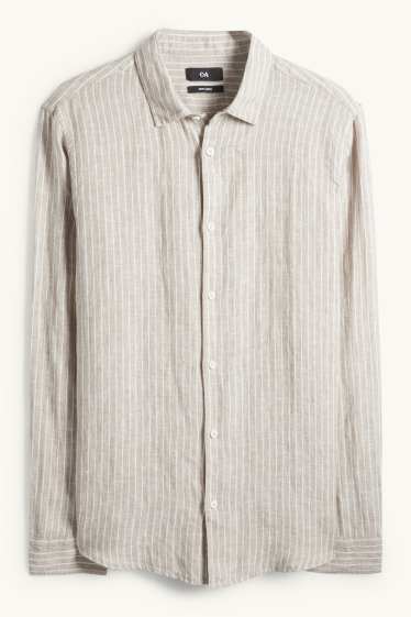 Bărbați - Cămașă de in - regular fit - guler Kent - cu dungi - bej