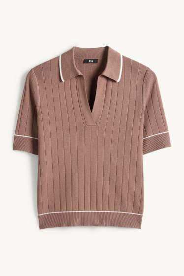Dona - Jersei de punt de mitja - mànigues curtes - acanalat - marró