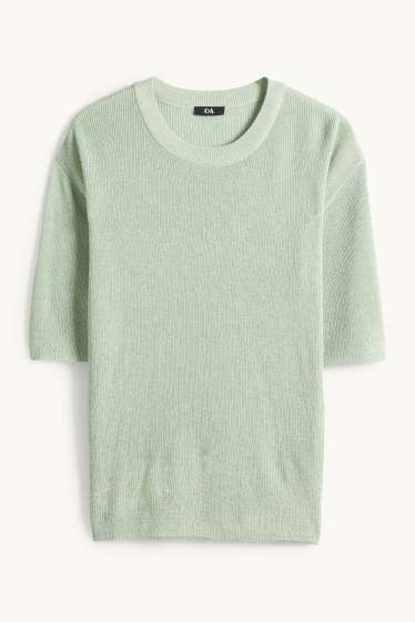 Femei - Pulover tricotat - mânecă scurtă - reiat - aspect lucios - verde deschis