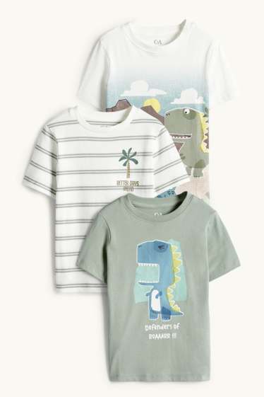 Kinder Jungen - Multipack 3er - Dino - Kurzarmshirt - weiß / grün
