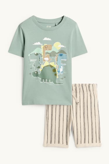 Kinder Jungen - Dino - Set - Kurzarmshirt und Sweatshorts - 2 teilig - beige / grün
