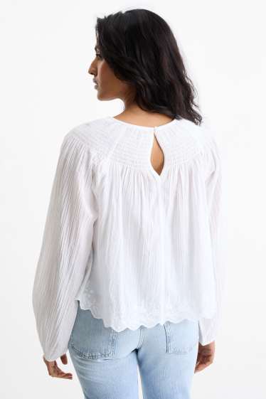 Damen - Bluse - gesmokt - weiß