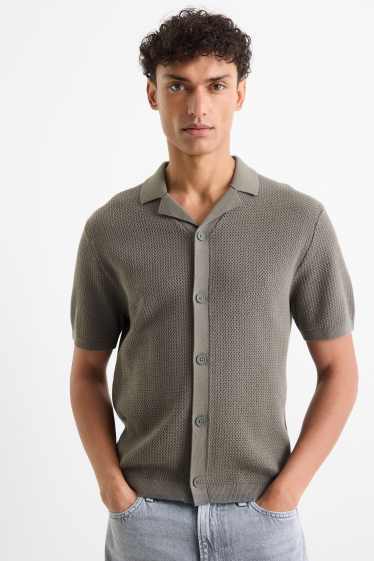 Hommes - Chemise en maille - regular fit - col à revers - vert foncé