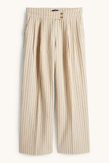 Dámské - Plátěné kalhoty - mid waist - wide leg - s úzkými proužky - černá/béžová