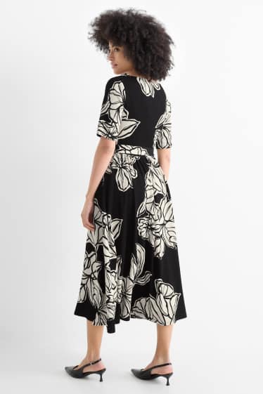 Damen - Fit & Flare Kleid mit Gürtel - geblümt - strukturiert - schwarz / beige
