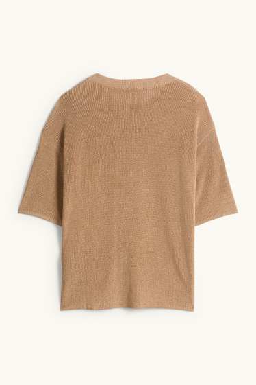 Femei - Pulover tricotat - mânecă scurtă - reiat - aspect lucios - bej