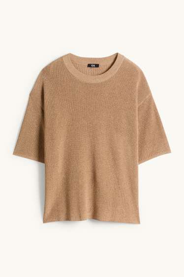 Femei - Pulover tricotat - mânecă scurtă - reiat - aspect lucios - bej