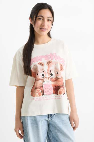 Kinder Mädchen - Teddybär - Kurzarmshirt - cremefarben