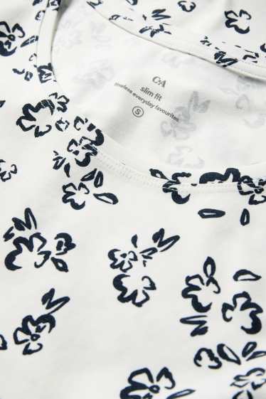 Dámské - Tričko - slim fit - s květinovým vzorem - bílá/černá