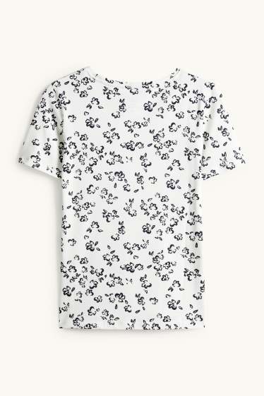 Dámské - Tričko - slim fit - s květinovým vzorem - bílá/černá