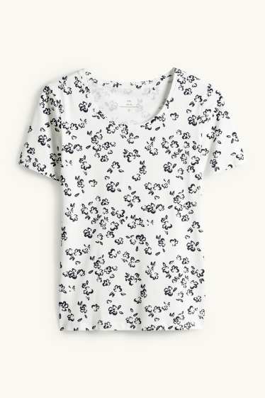 Dámské - Tričko - slim fit - s květinovým vzorem - bílá/černá