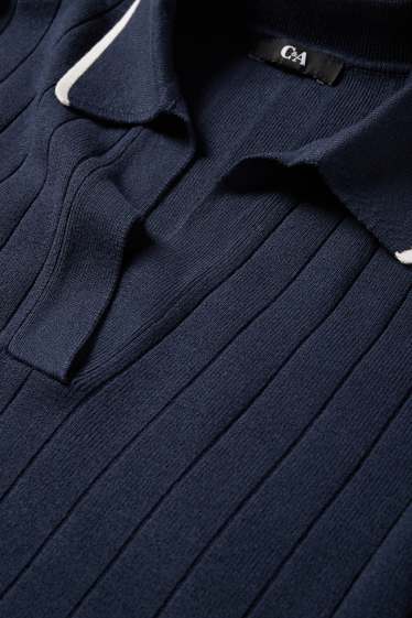 Femmes - Pull en maille - manches courtes - côtelé - bleu foncé / blanc