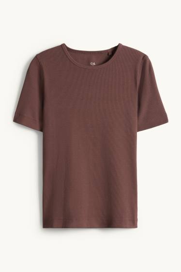 Femmes - T-shirt - slim fit - finition côtelée - marron
