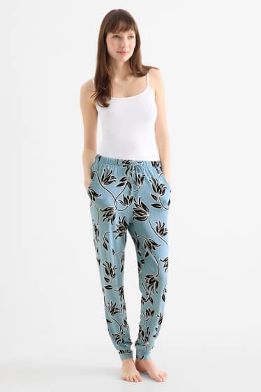 Donna - Pantaloni pigiama di viscosa - a fiori - blu