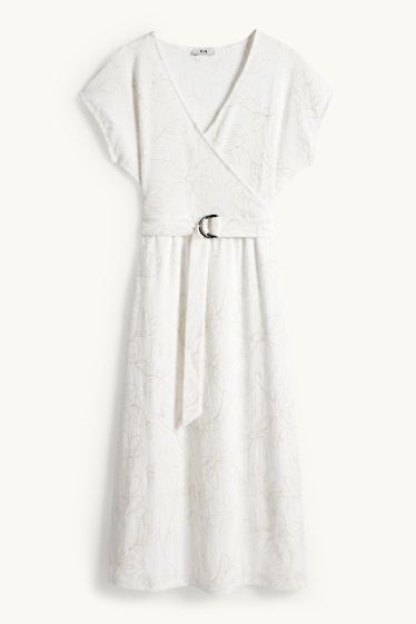 Femmes - Robe Fit & Flare à ceinture - à fleurs - finition texturée - blanc crème