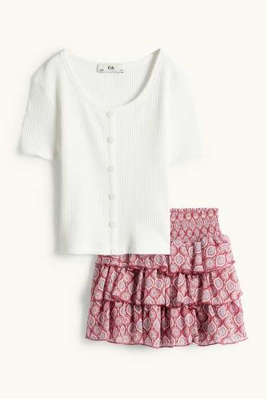 Kinderen: meisjes - Set - T-shirt en rok - 2-delig - wit / donkerrood
